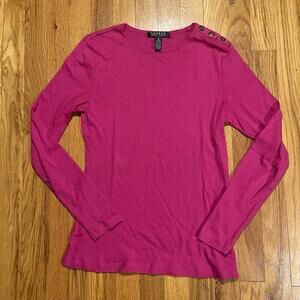 Lauren Ralph Lauren Hot Pink Crew Long Sleeve Top Gold Button Accent Size Medium